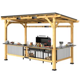 13 X 6 Wooden BBQ Grill Gazebo, Outdoor Hardtop Grill Gazebo With Metal Roof, 2 Bar Shelves And 6 Hooks, Natural
